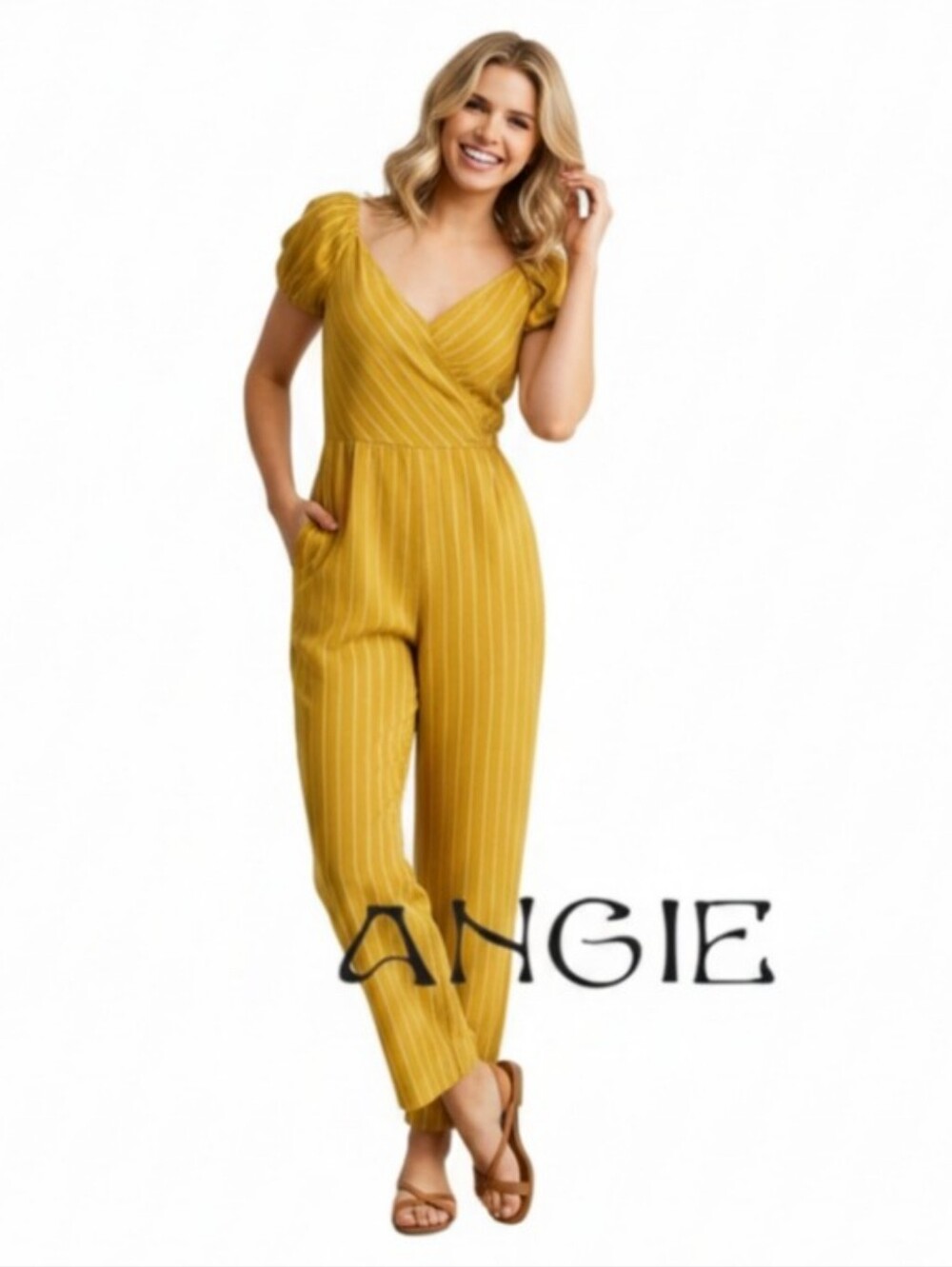Romper, Wideleg Yellow & White Pinstripe Puff Sleeve by Angie